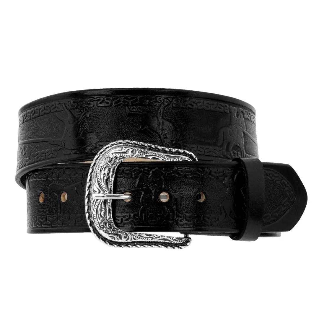 Black Western Dress Cowboy Belt Tooled Leather - Silver Buckle