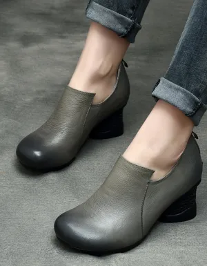 Spring Leather Chunky Heel Handmade Women's Shoes